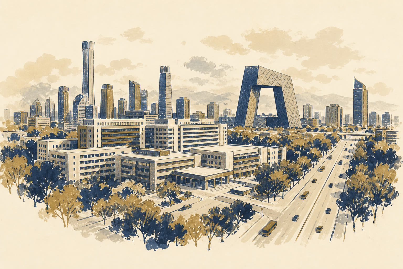 Illustration de Pékin : un campus hospitalier et une skyline tranquille