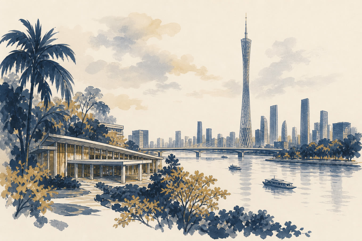 Illustration de Guangzhou : fleuve, une tour élancée et un pavillon hospitalier