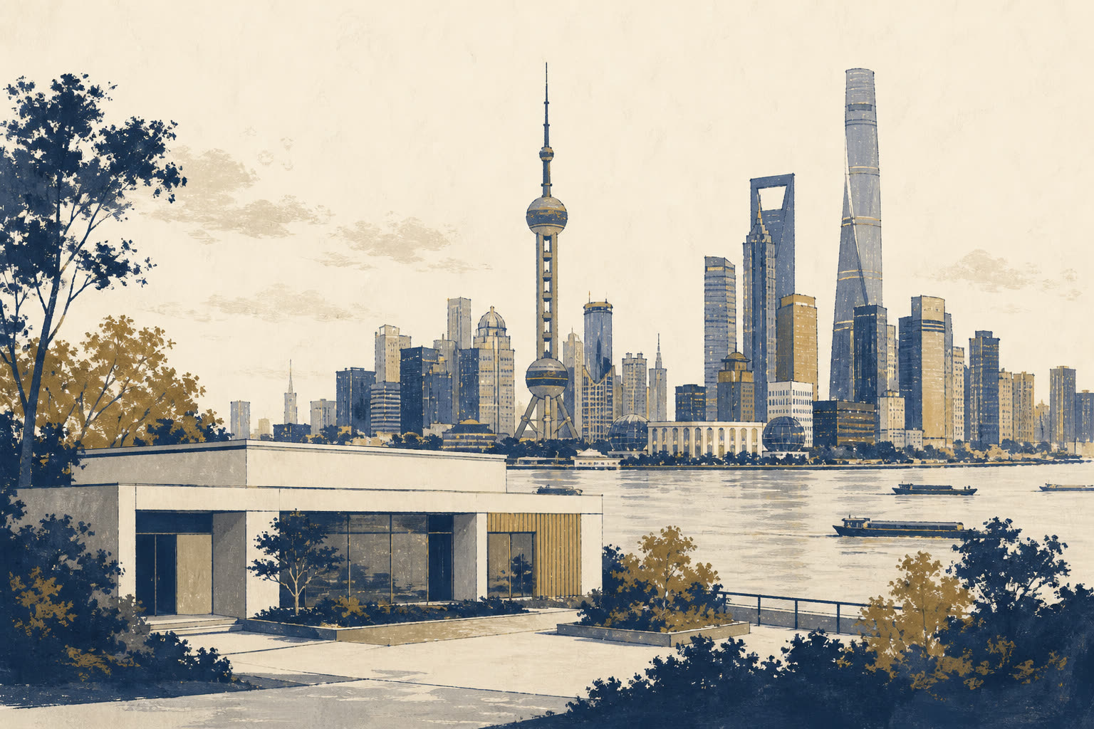 Illustration de Shanghai : fleuve, tours et une clinique