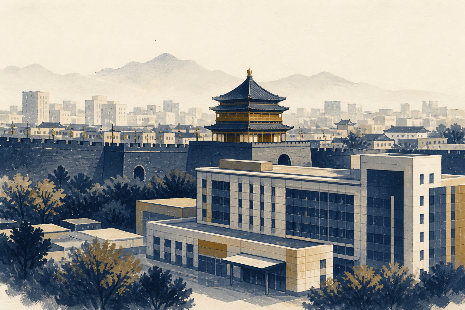 Illustration de Xi’an : muraille, une tour et un hôpital