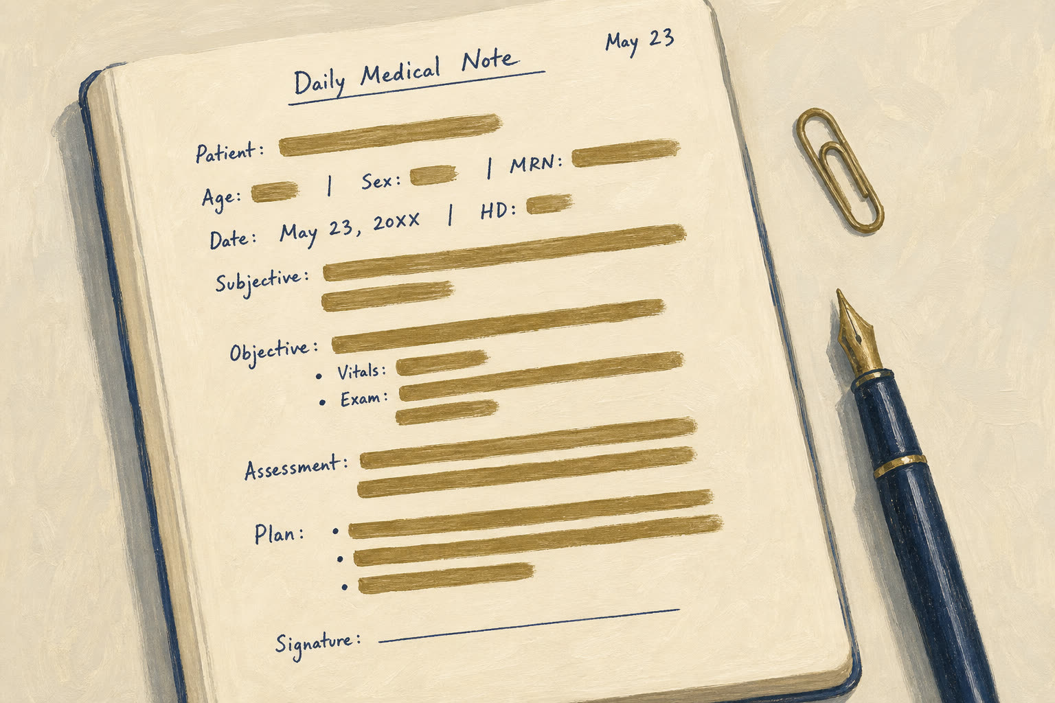 Illustration d’une note médicale en anglais et d’un stylo-plume
