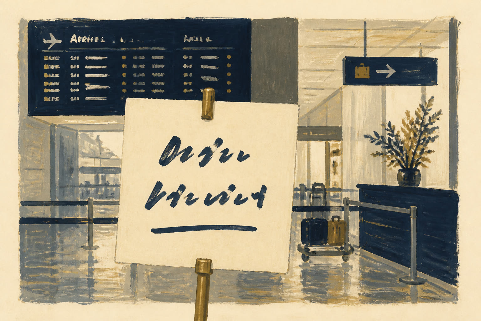 Illustration d’un accueil à l’aéroport avec un panneau nominatif